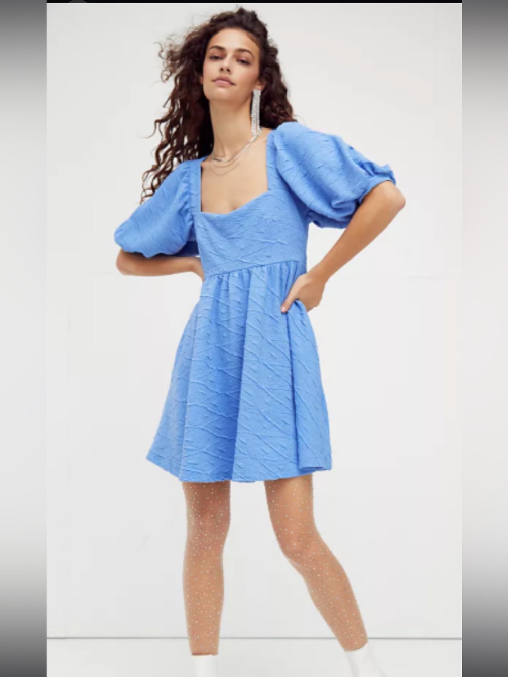 Free People Textured Sky Blue Puff-Sleeve Mini Dress